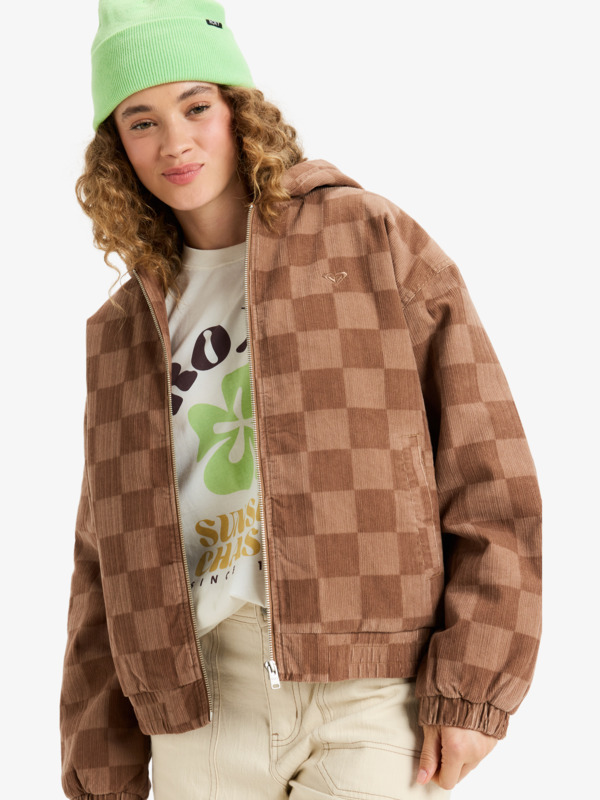 3 Feels Good Corduroy - Printed Corduroy Hoodie Jacket for Women Brown ERJJK03673 Roxy
