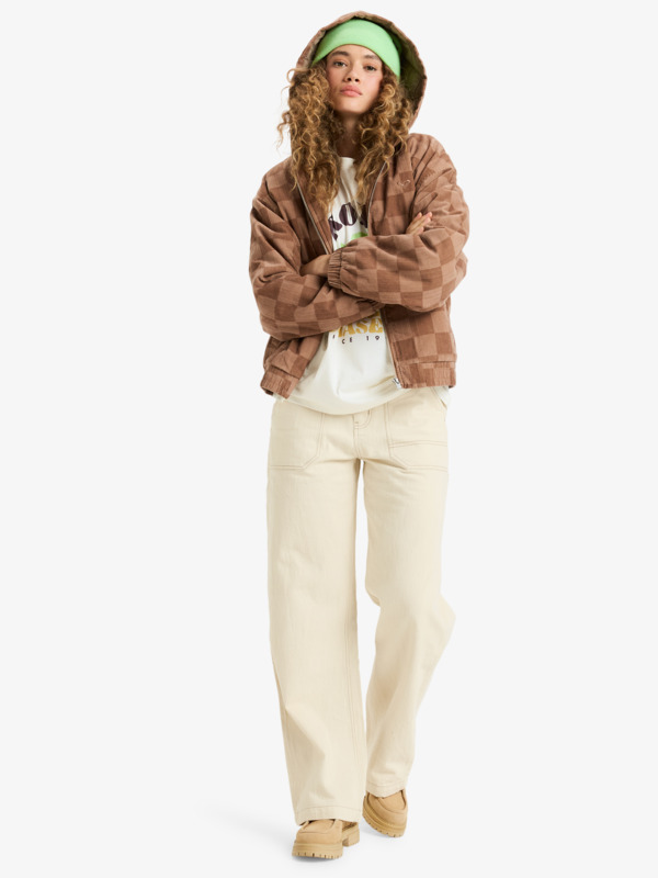 4 Feels Good Corduroy - Printed Corduroy Hoodie Jacket for Women Brown ERJJK03673 Roxy