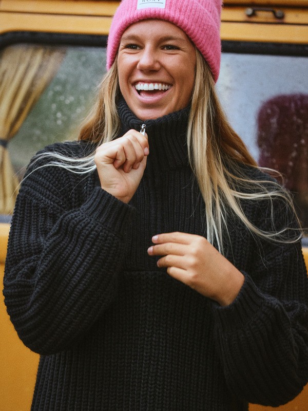 3 Home Again - Long Sleeve Sweater Dress With Half Zip Collar Detail for Women Black ERJKD03535 Roxy