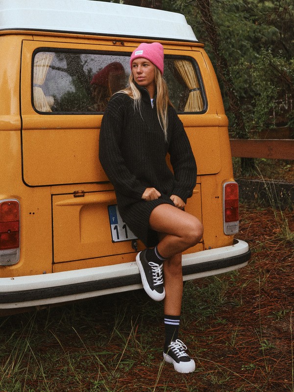 0 Home Again - Long Sleeve Sweater Dress With Half Zip Collar Detail for Women Black ERJKD03535 Roxy