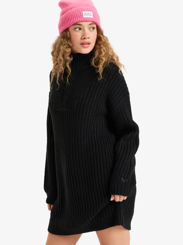 5 Home Again - Long Sleeve Sweater Dress With Half Zip Collar Detail for Women Black ERJKD03535 Roxy